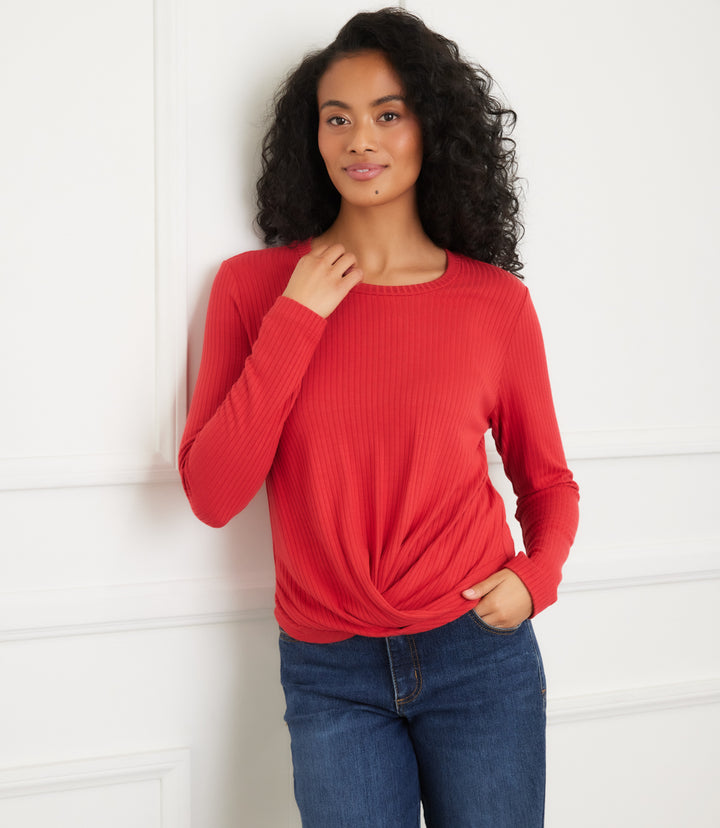 Ribbed Long Sleeve Drape Front Crossover Top