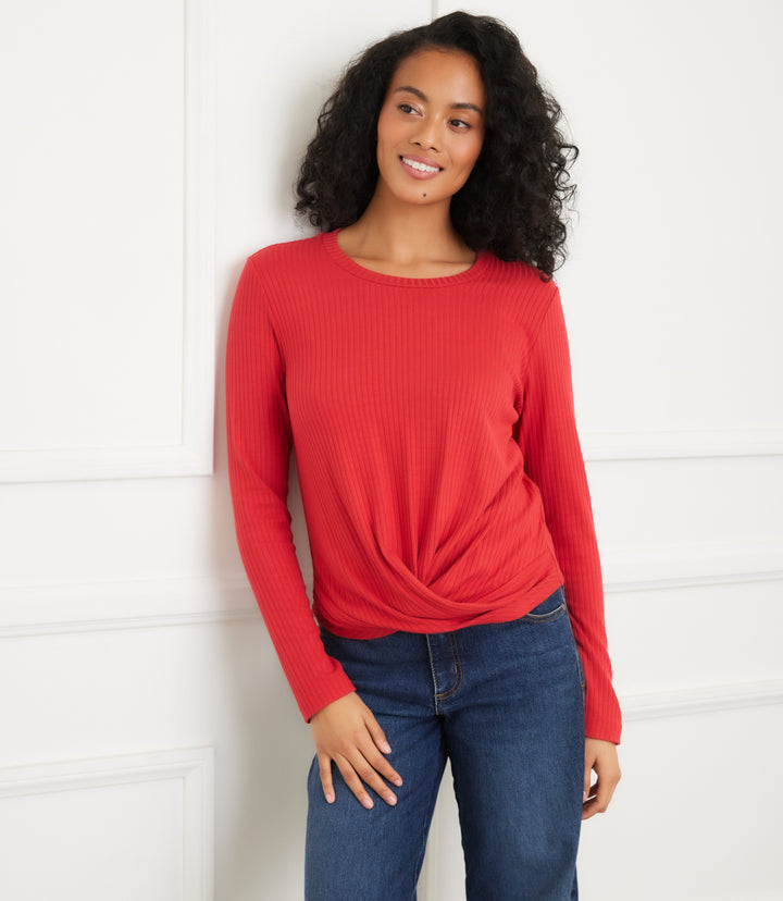 Ribbed Long Sleeve Drape Front Crossover Top
