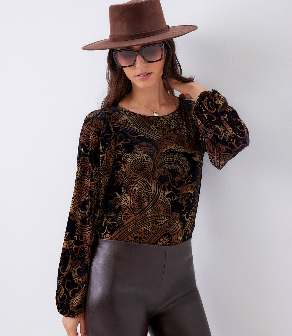 Blouson Sleeve Velvet Burnout Boatneck Top