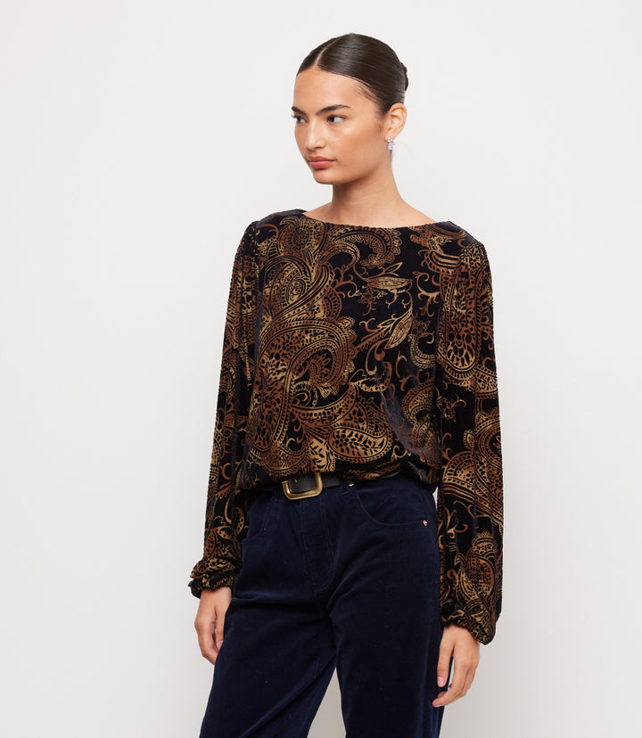 Blouson Sleeve Velvet Burnout Boatneck Top