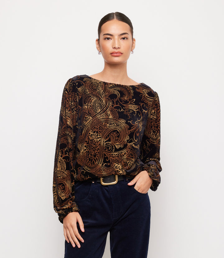 Blouson Sleeve Velvet Burnout Boatneck Top