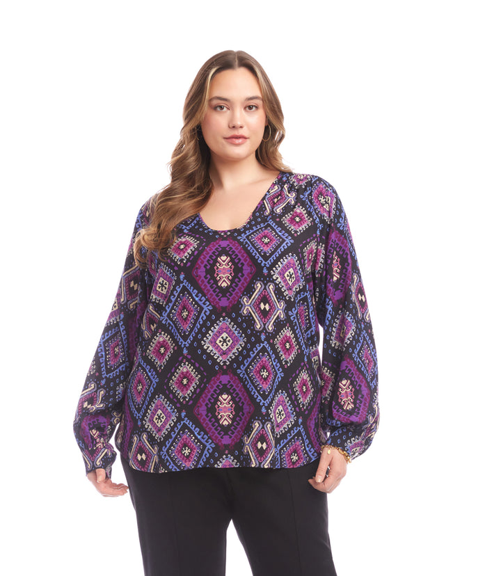 Plus Long Sleeve Shirred Blouse