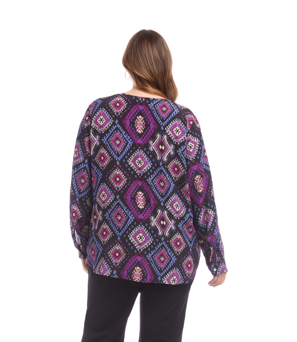 Plus Long Sleeve Shirred Blouse