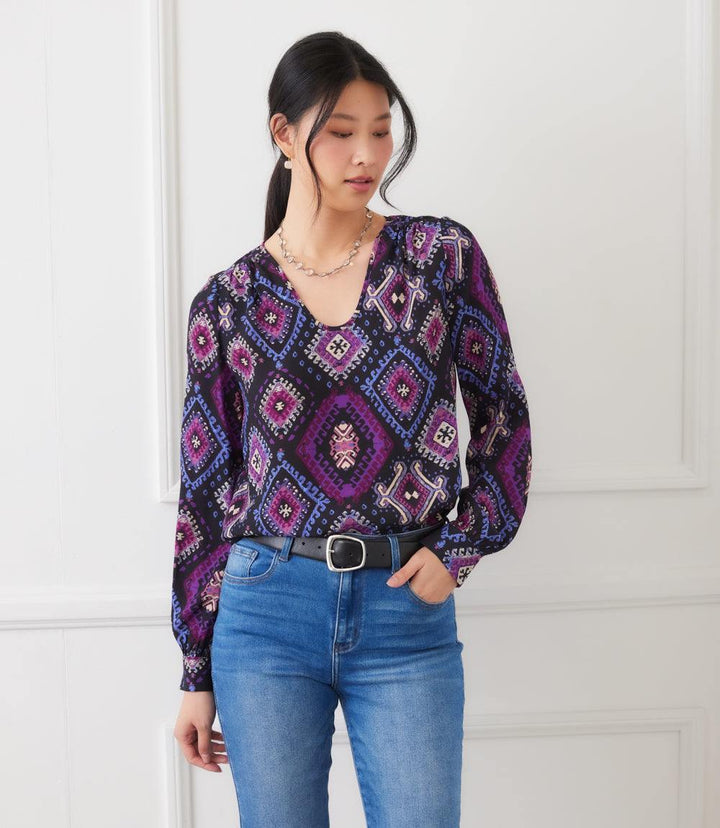 Long Sleeve Shirred Blouse in soft Diamond Crepe Print with U-neckline and gathered shoulders