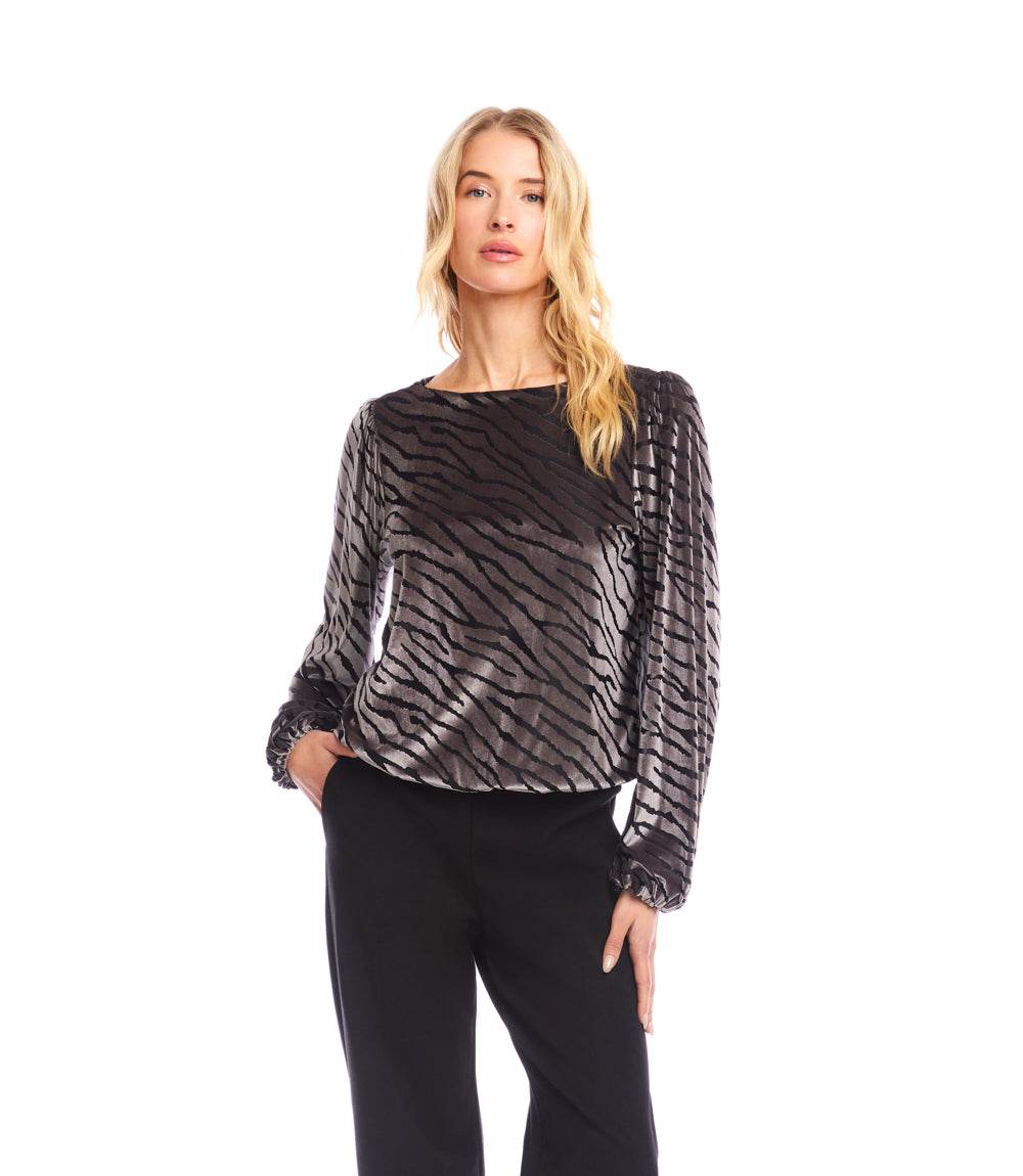 Black and silver blouson sleeve velvet burnout top with boatneck and elasticized cuffs