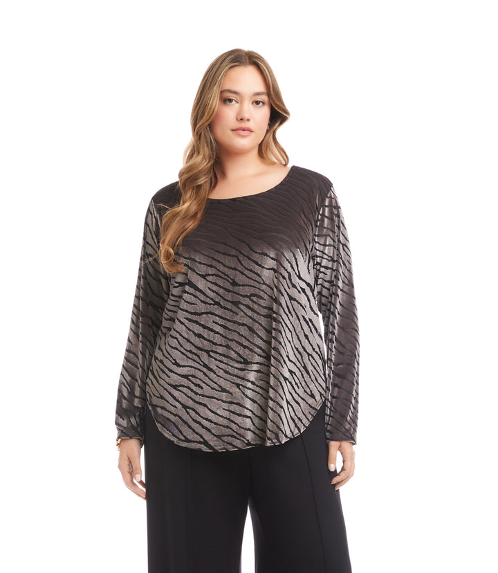 Plus Size Long Sleeve Velvet Burnout Shirttail Top