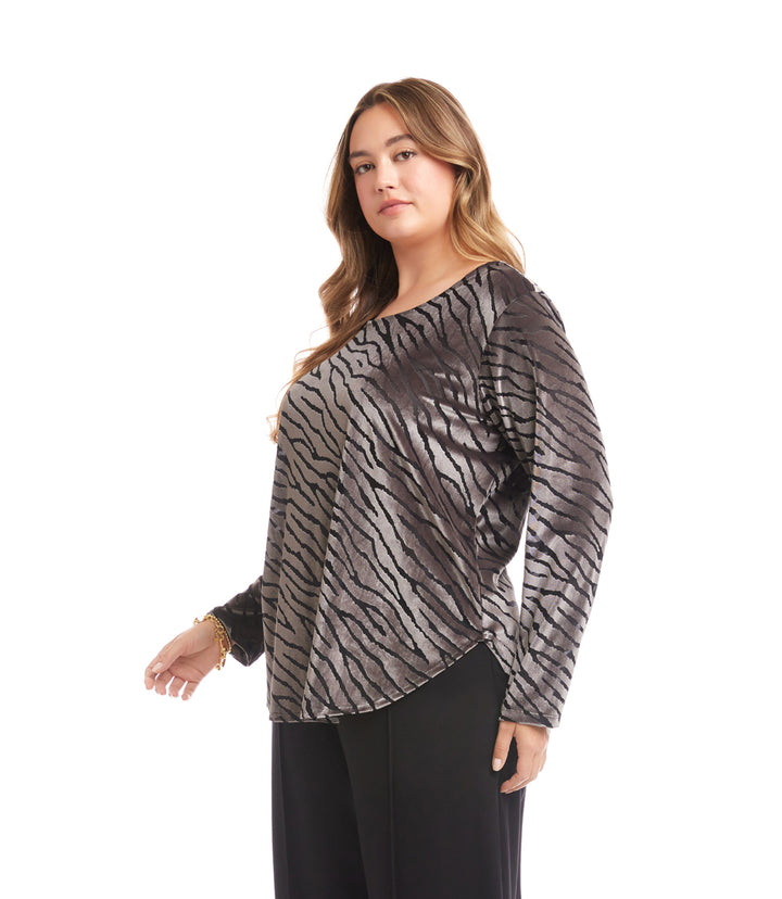 Plus Size Long Sleeve Velvet Burnout Shirttail Top