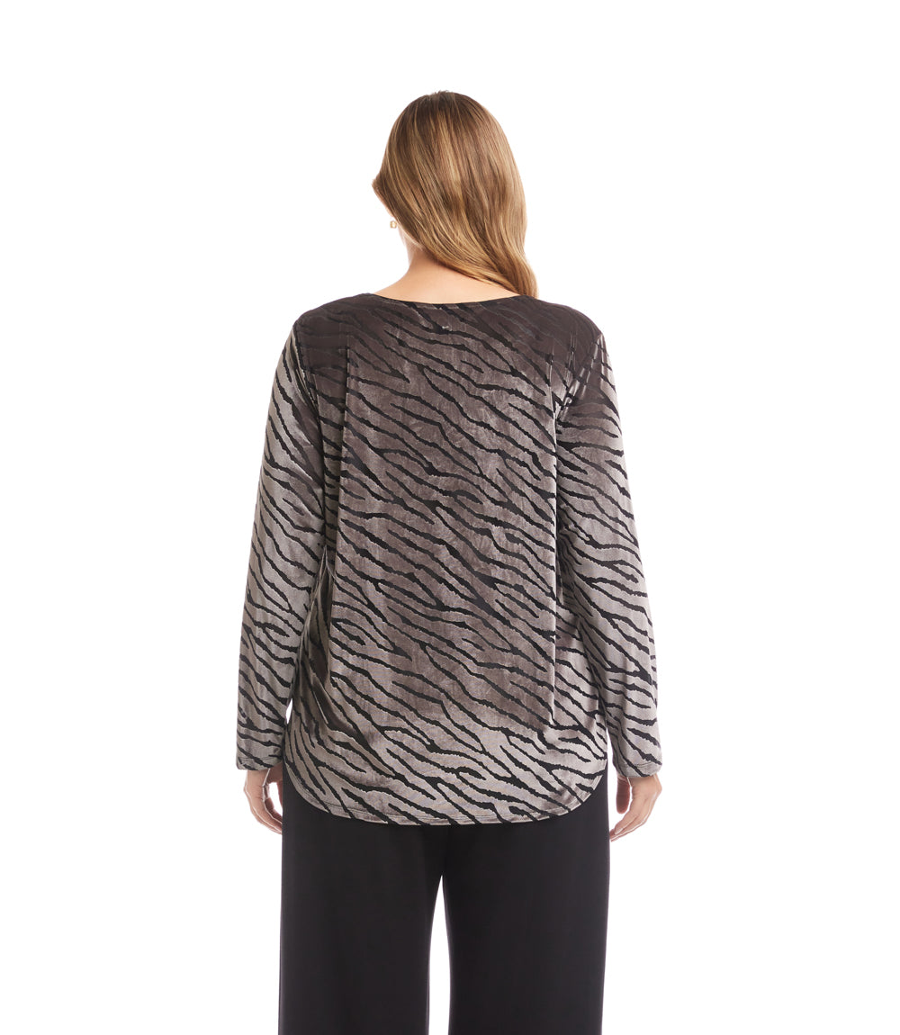 Plus Size Long Sleeve Velvet Burnout Shirttail Top