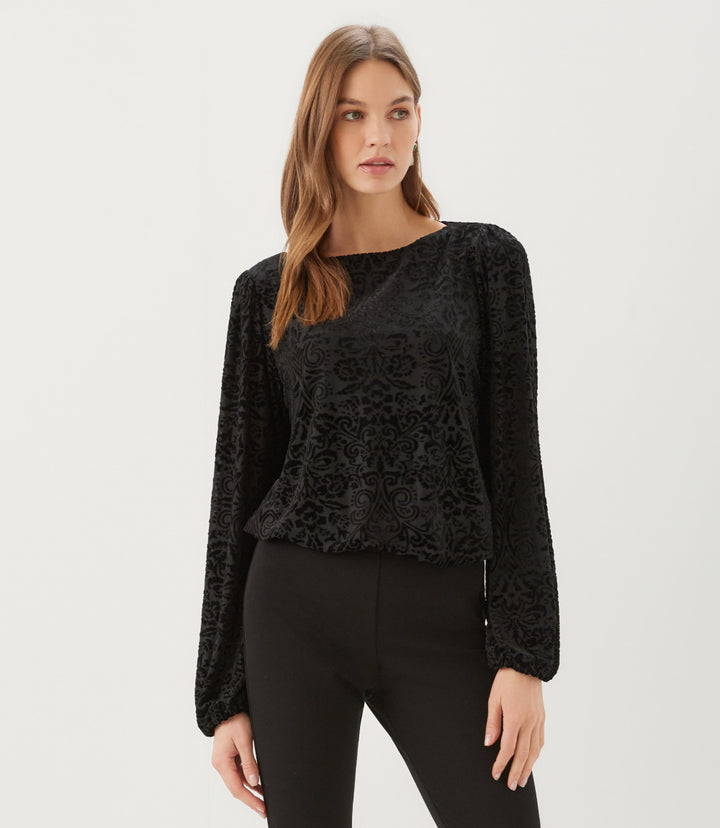 Petite Size Blouson Sleeve Velvet Burnout Boatneck Top