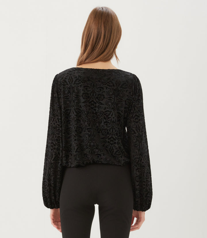 Petite Size Blouson Sleeve Velvet Burnout Boatneck Top