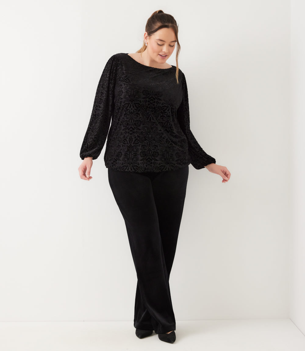 Plus Size Blouson Sleeve Velvet Burnout Boatneck Top