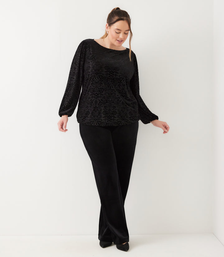 Plus Size Blouson Sleeve Velvet Burnout Boatneck Top