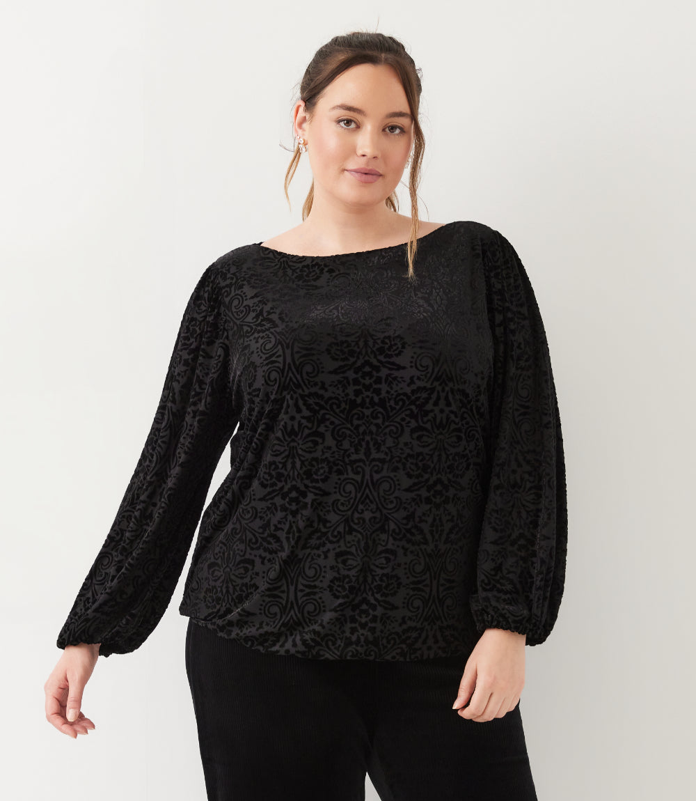 Plus Size Blouson Sleeve Velvet Burnout Boatneck Top