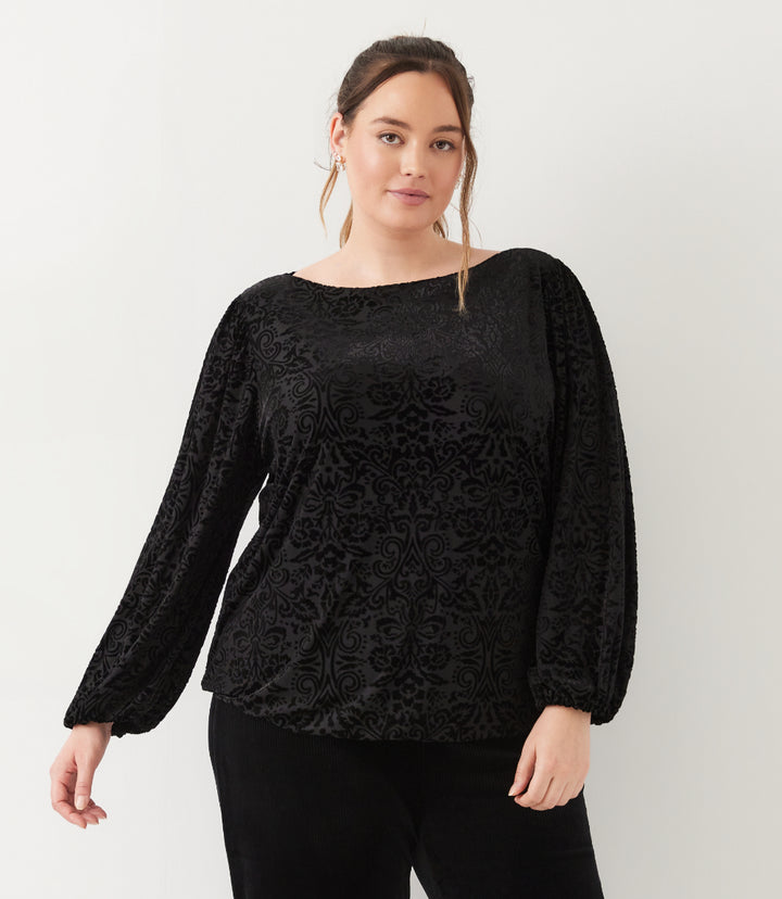 Plus Size Blouson Sleeve Velvet Burnout Boatneck Top