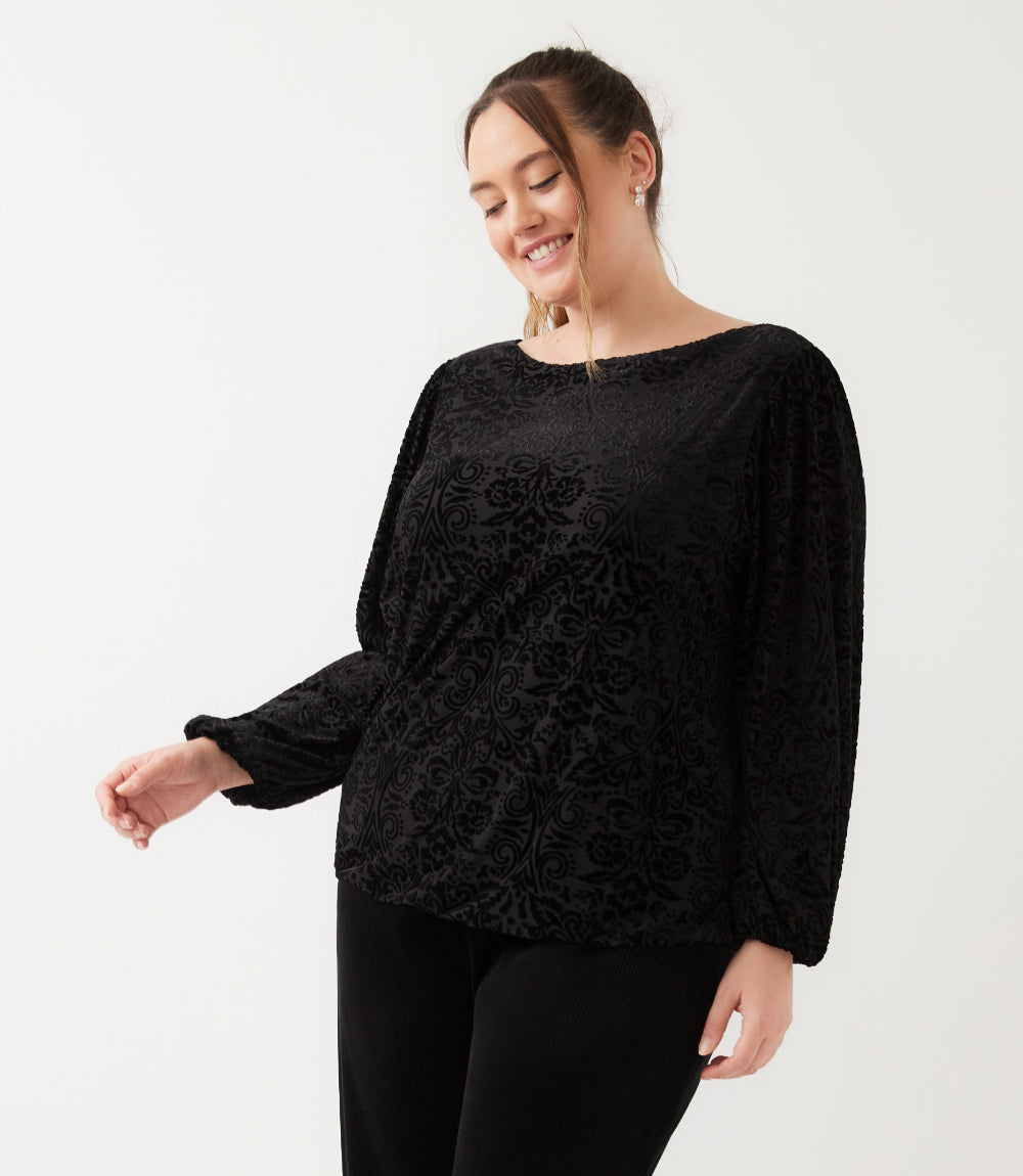 Plus Size Blouson Sleeve Velvet Burnout Boatneck Top