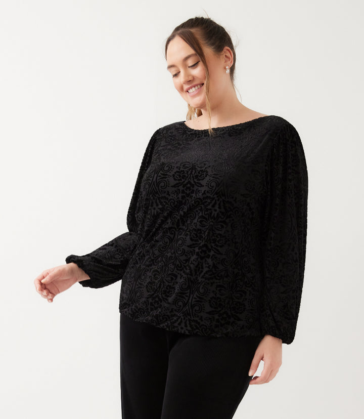 Plus Size Blouson Sleeve Velvet Burnout Boatneck Top