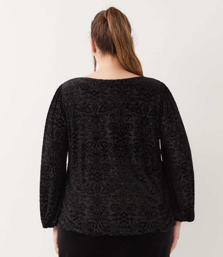 Plus Size Blouson Sleeve Velvet Burnout Boatneck Top