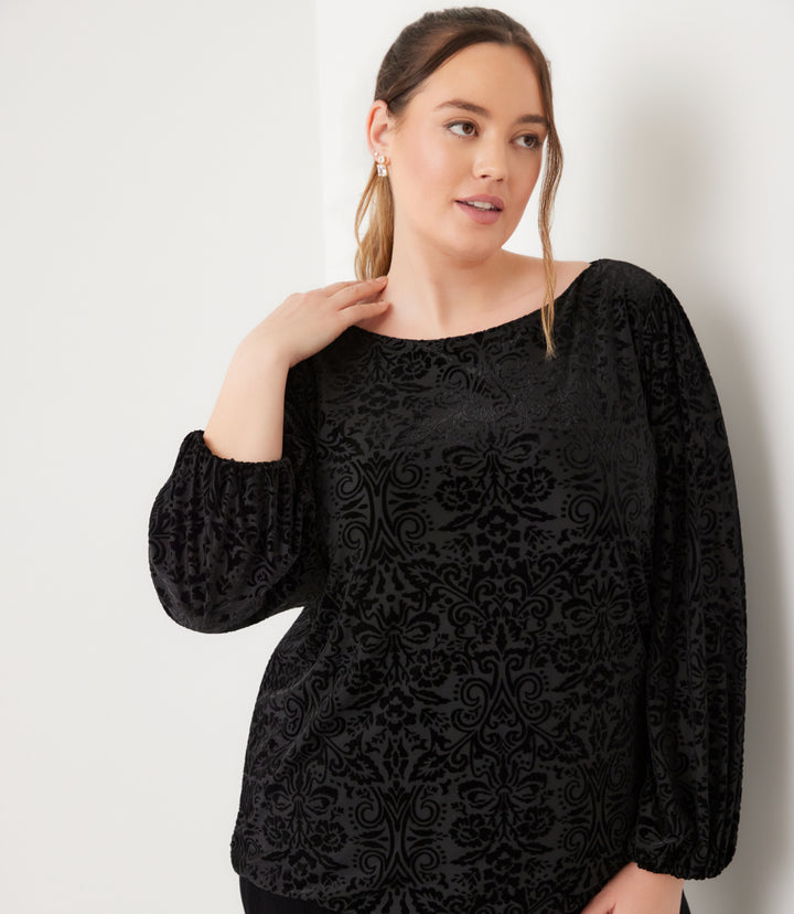 Plus Size Blouson Sleeve Velvet Burnout Boatneck Top