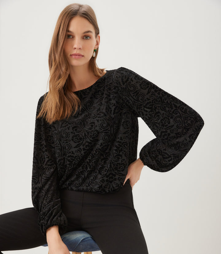 Blouson Sleeve Velvet Burnout Boatneck Top