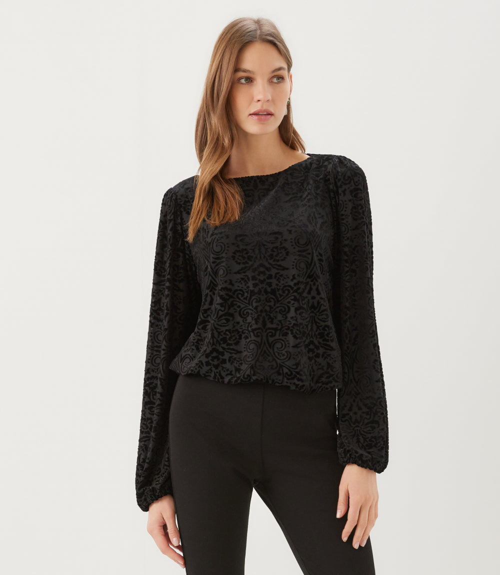 Blouson Sleeve Velvet Burnout Boatneck Top