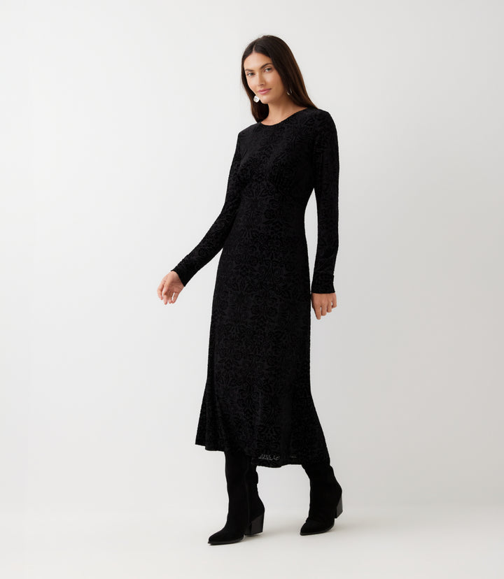 Long Sleeve Velvet Burnout Midi Dress