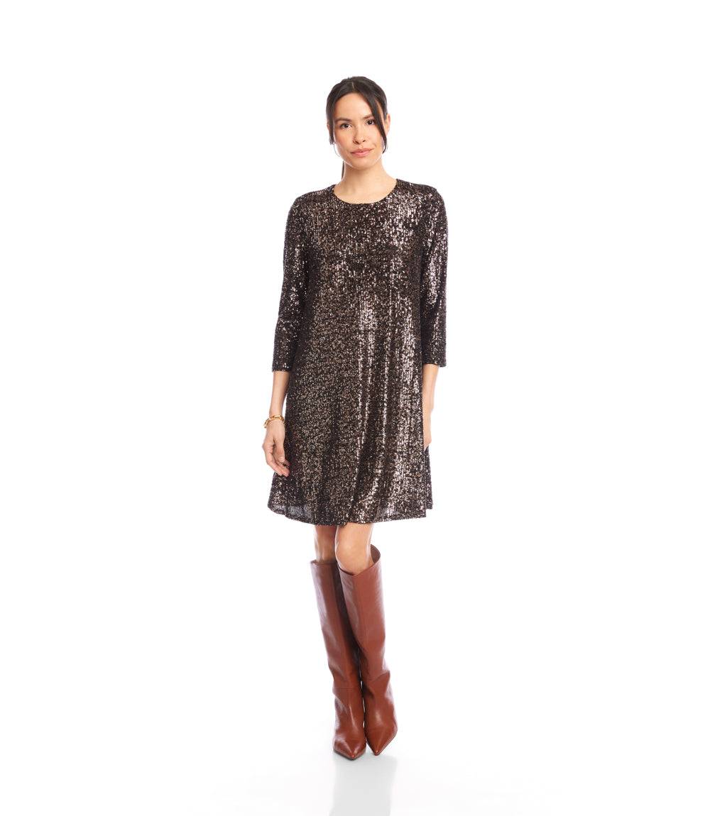 3/4 Sleeve Sequin Swing Dress - Elegant Party & Festive Wear Karen Kane 3/4 Sleeve Sequin Swing Dress - Elegant Party & Festive Wear Karen Kane