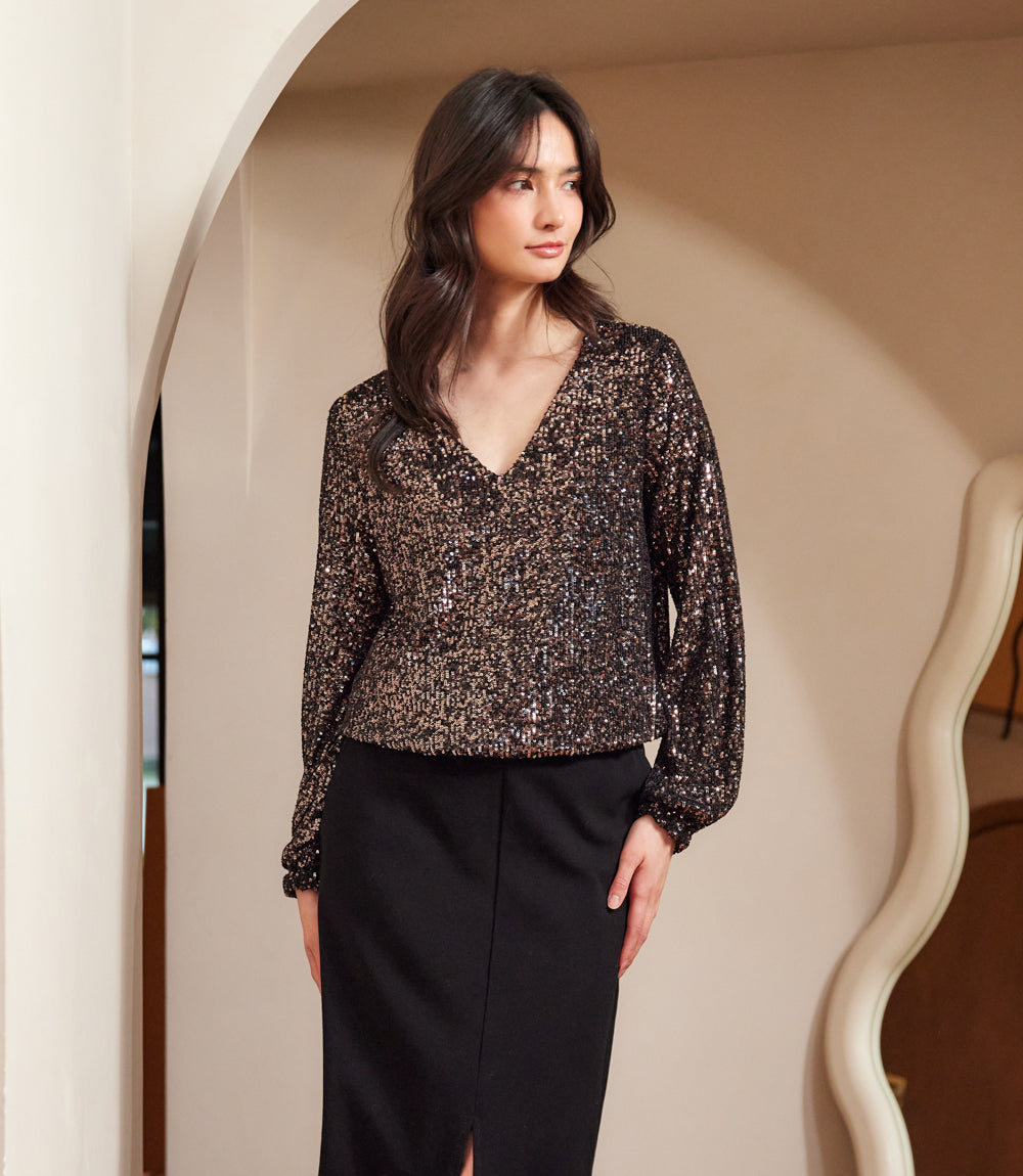 Blouson Sleeve Sequin V-Neck Top