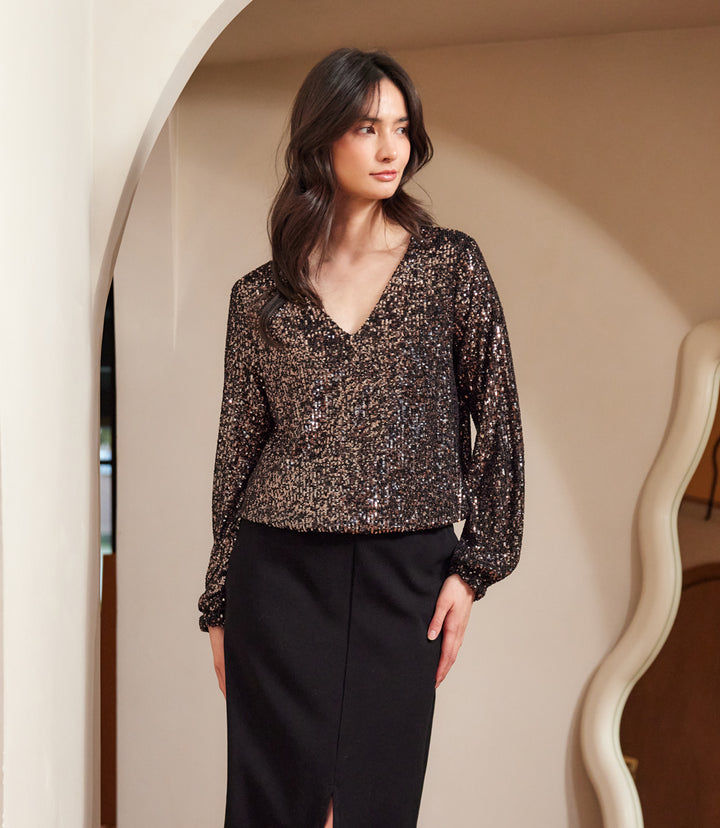 Blouson Sleeve Sequin V-Neck Top