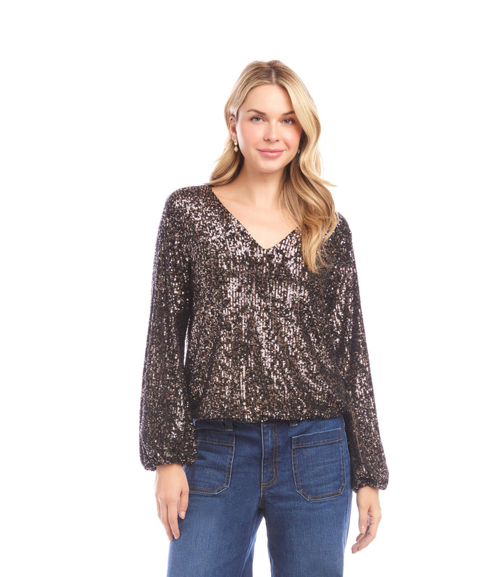 Blouson Sleeve Sequin V-Neck Top