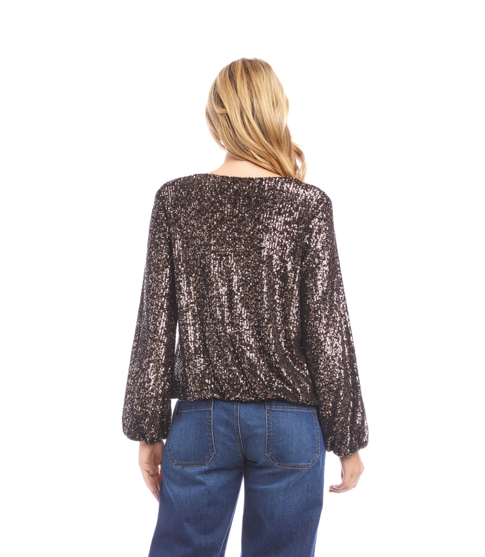 Blouson Sleeve Sequin V-Neck Top