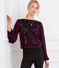 Wine blouson sleeve velvet burnout top with boatneck and elastic cuffs