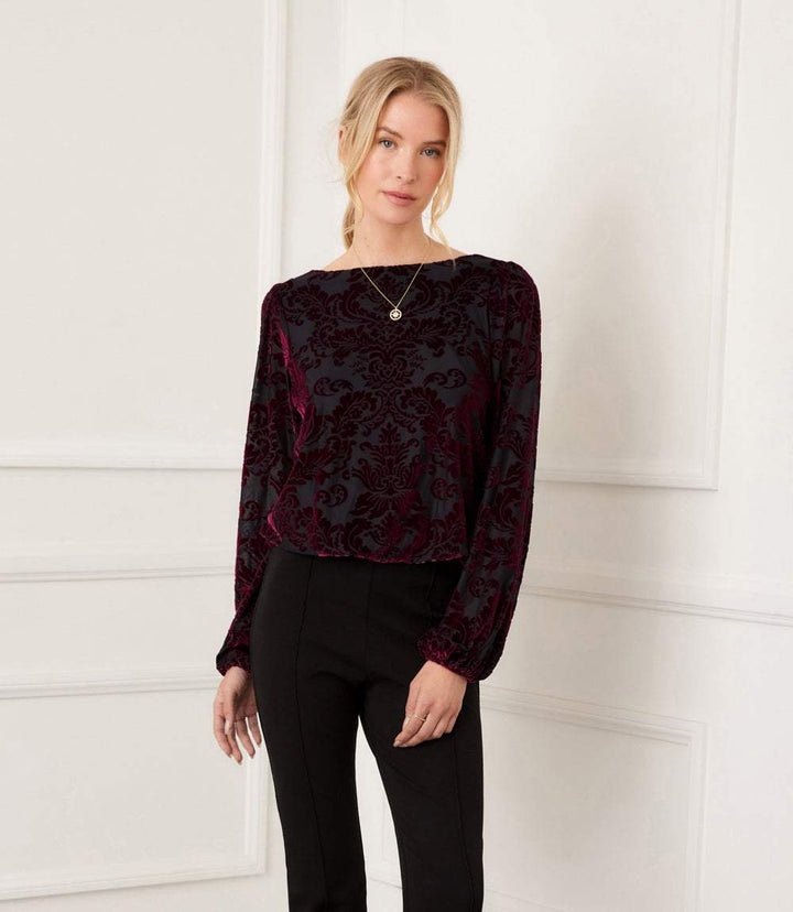 Blouson Sleeve Velvet Burnout Boatneck Top