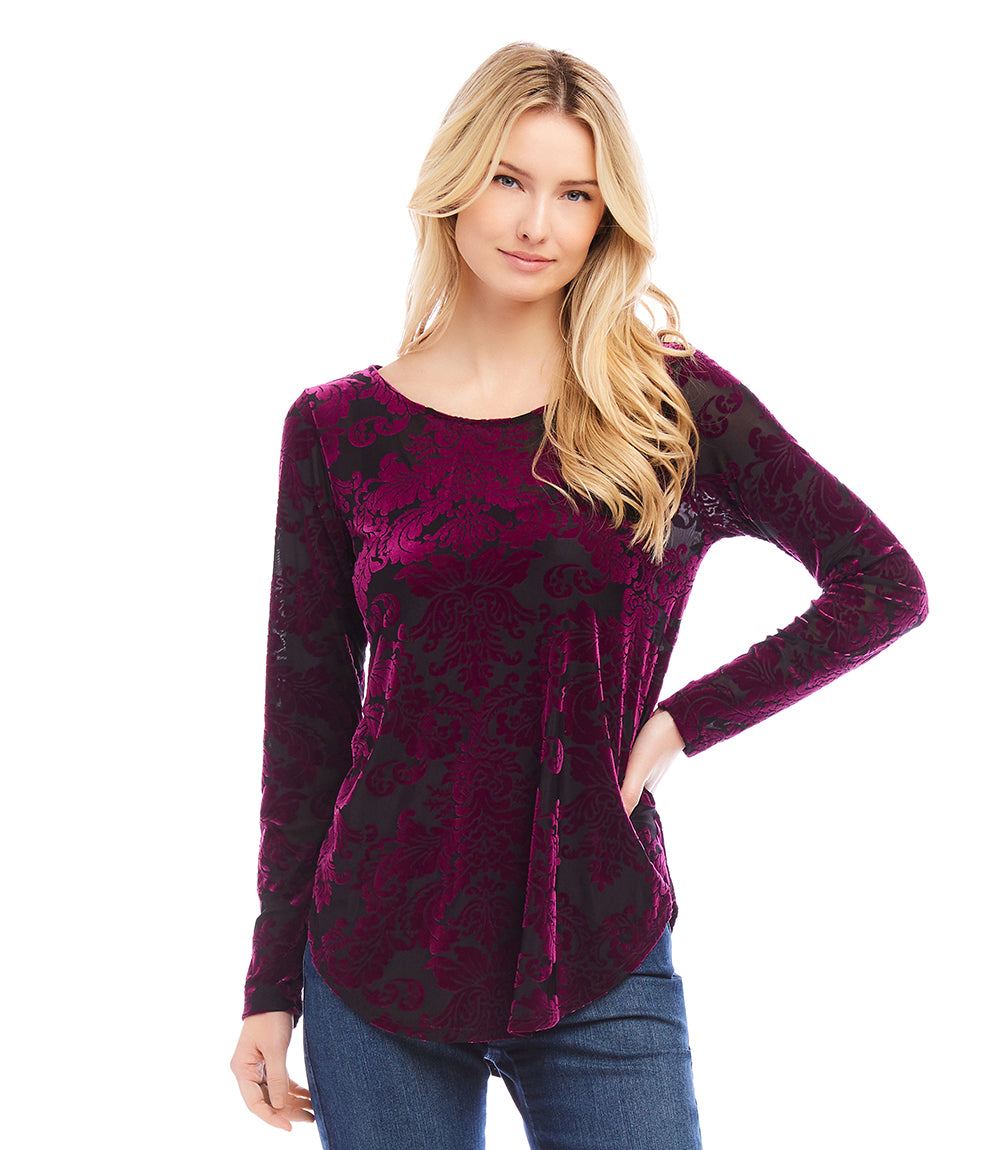 Petite size long sleeve velvet burnout shirttail top in wine and black with scoop neckline and relaxed fit