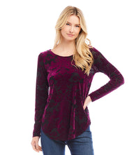 Petite size long sleeve velvet burnout shirttail top in wine and black with scoop neckline and relaxed fit