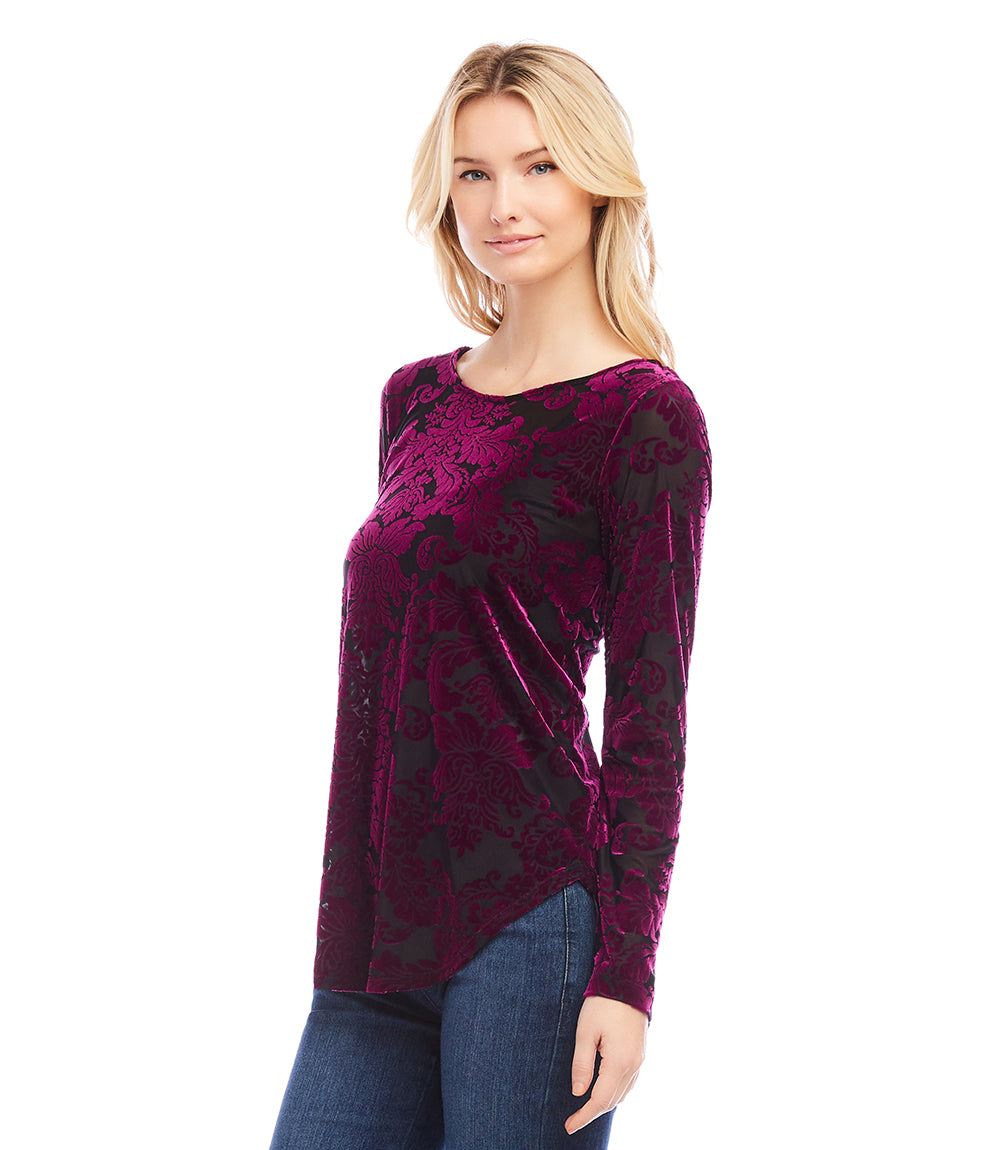 Petite Size Long Sleeve Velvet Burnout Shirttail Top