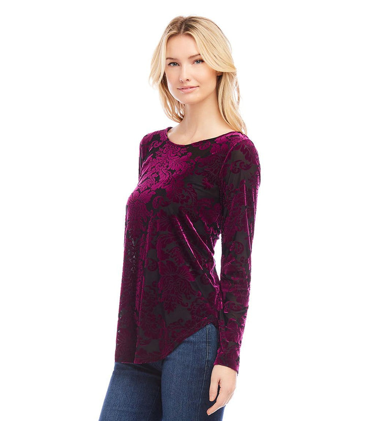 Petite Size Long Sleeve Velvet Burnout Shirttail Top