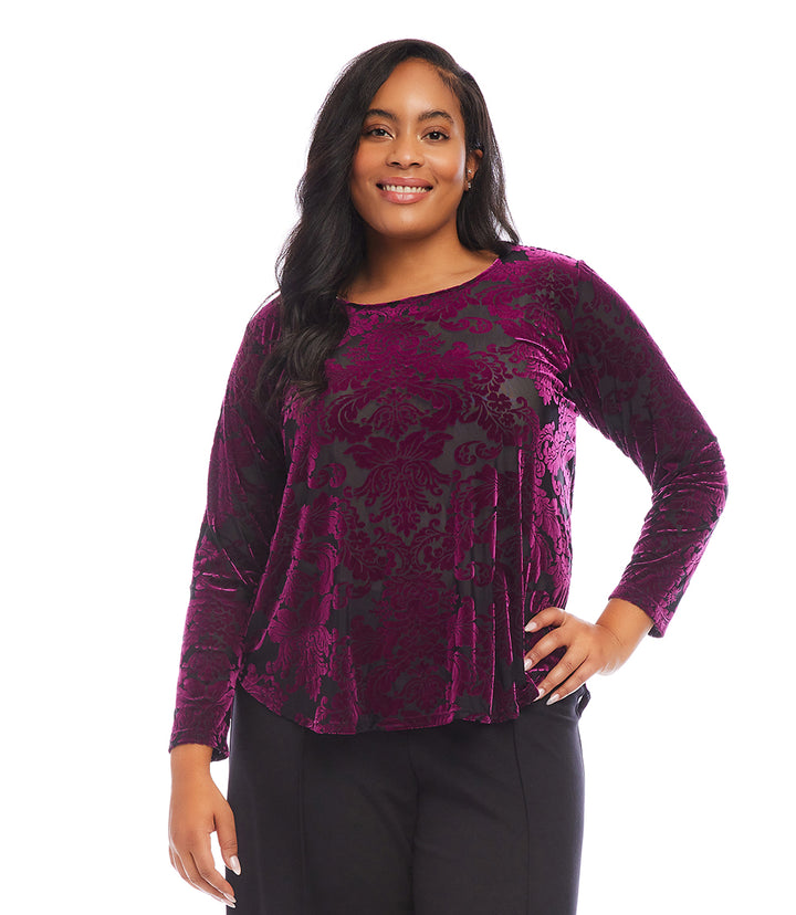 Plus Size Long Sleeve Velvet Burnout Shirttail Top