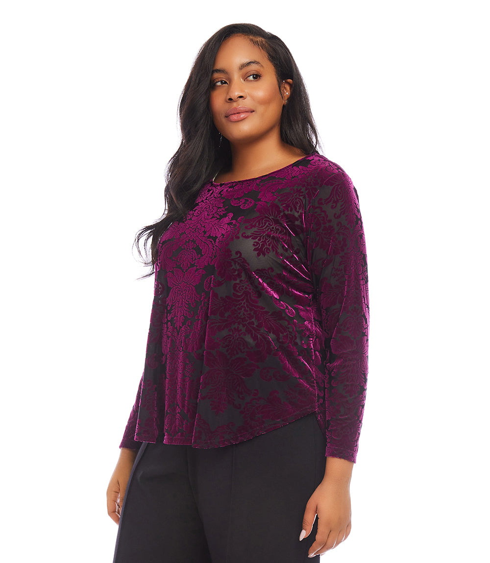 Plus Size Long Sleeve Velvet Burnout Shirttail Top
