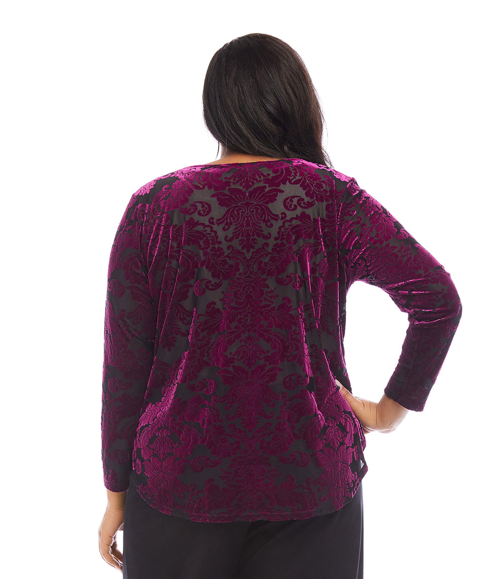 Plus Size Long Sleeve Velvet Burnout Shirttail Top