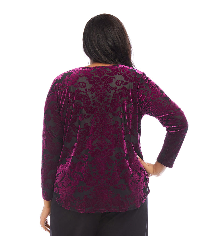 Plus Size Long Sleeve Velvet Burnout Shirttail Top