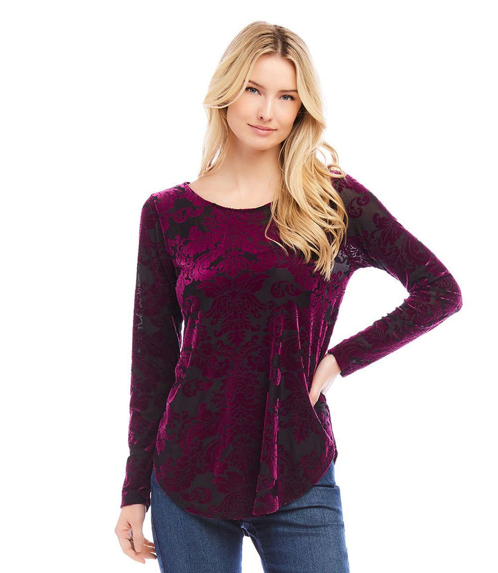 Long Sleeve Velvet Burnout Shirttail Top