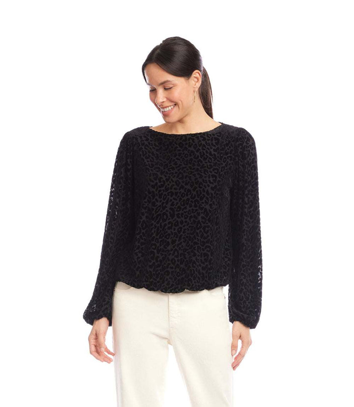 Petite Size Blouson Sleeve Velvet Burnout Boatneck Top