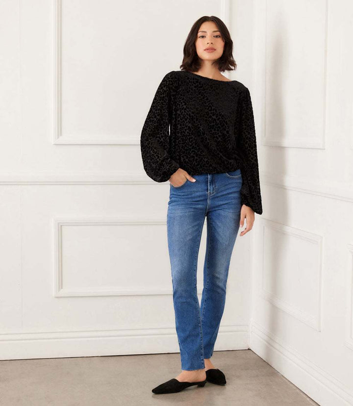 Petite Size Blouson Sleeve Velvet Burnout Boatneck Top