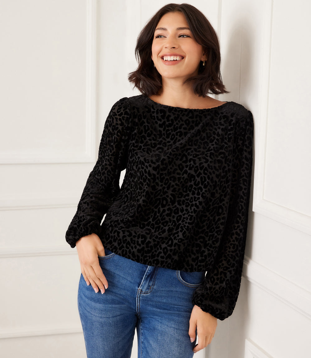 Petite size blouson sleeve velvet burnout boatneck top in black leopard print detail