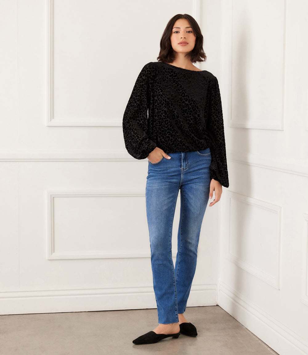 Blouson Sleeve Velvet Burnout Boatneck Top