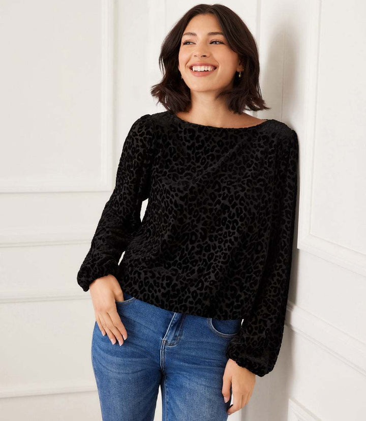 Blouson Sleeve Velvet Burnout Boatneck Top