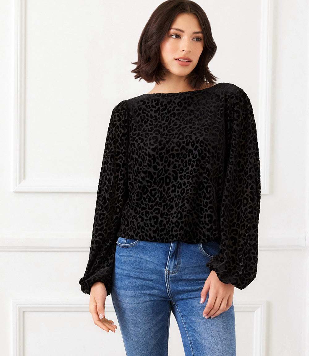 Blouson Sleeve Velvet Burnout Boatneck Top