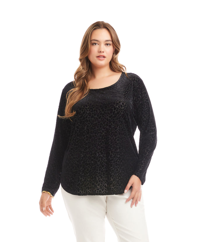Plus Size Long Sleeve Velvet Burnout Shirttail Top