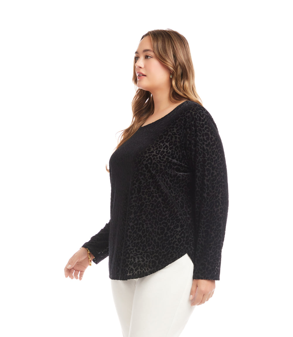 Plus Size Long Sleeve Velvet Burnout Shirttail Top
