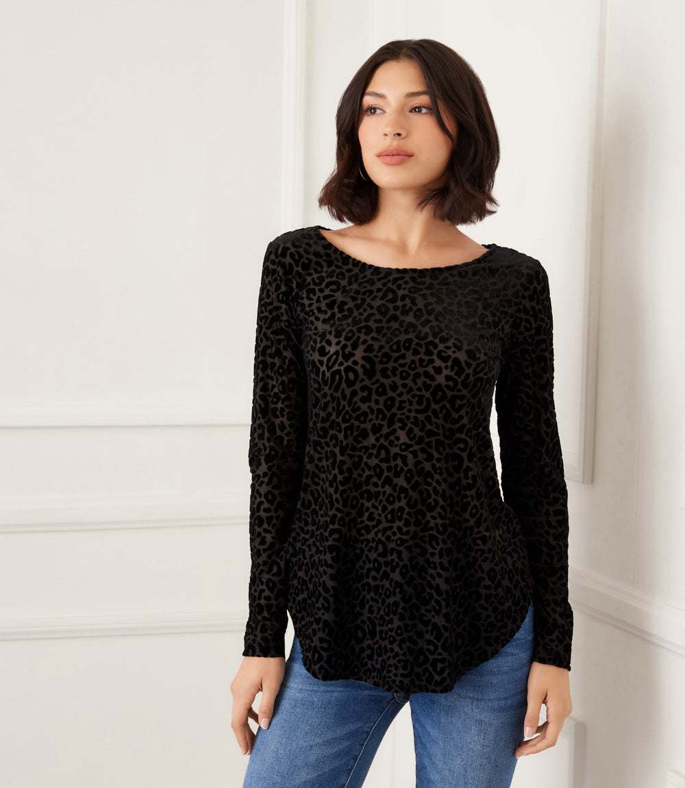 Long Sleeve Velvet Burnout Shirttail Top